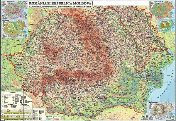 Romania si Republica Moldova. Harta fizica, administrativa si a substantelor minerale utile