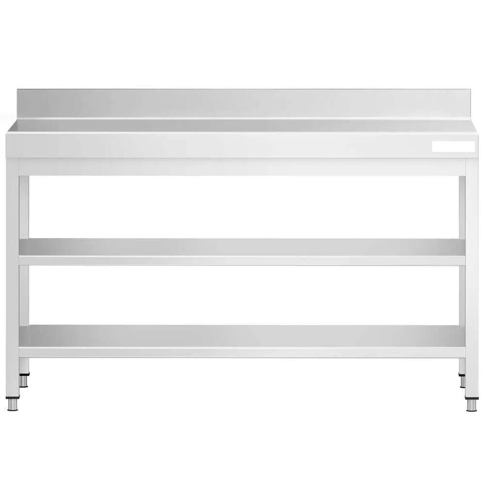 Masă de lucru din oțel inoxidabil adosată PREMIUM - 1600x800 mm - cu poliță inferioară & rebord & poliță intermediară & blat ranforsat - imagine 4