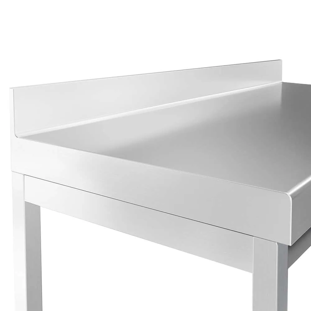 Masă de lucru din oțel inoxidabil adosată PREMIUM - 1600x800 mm - cu poliță inferioară & rebord & poliță intermediară & blat ranforsat